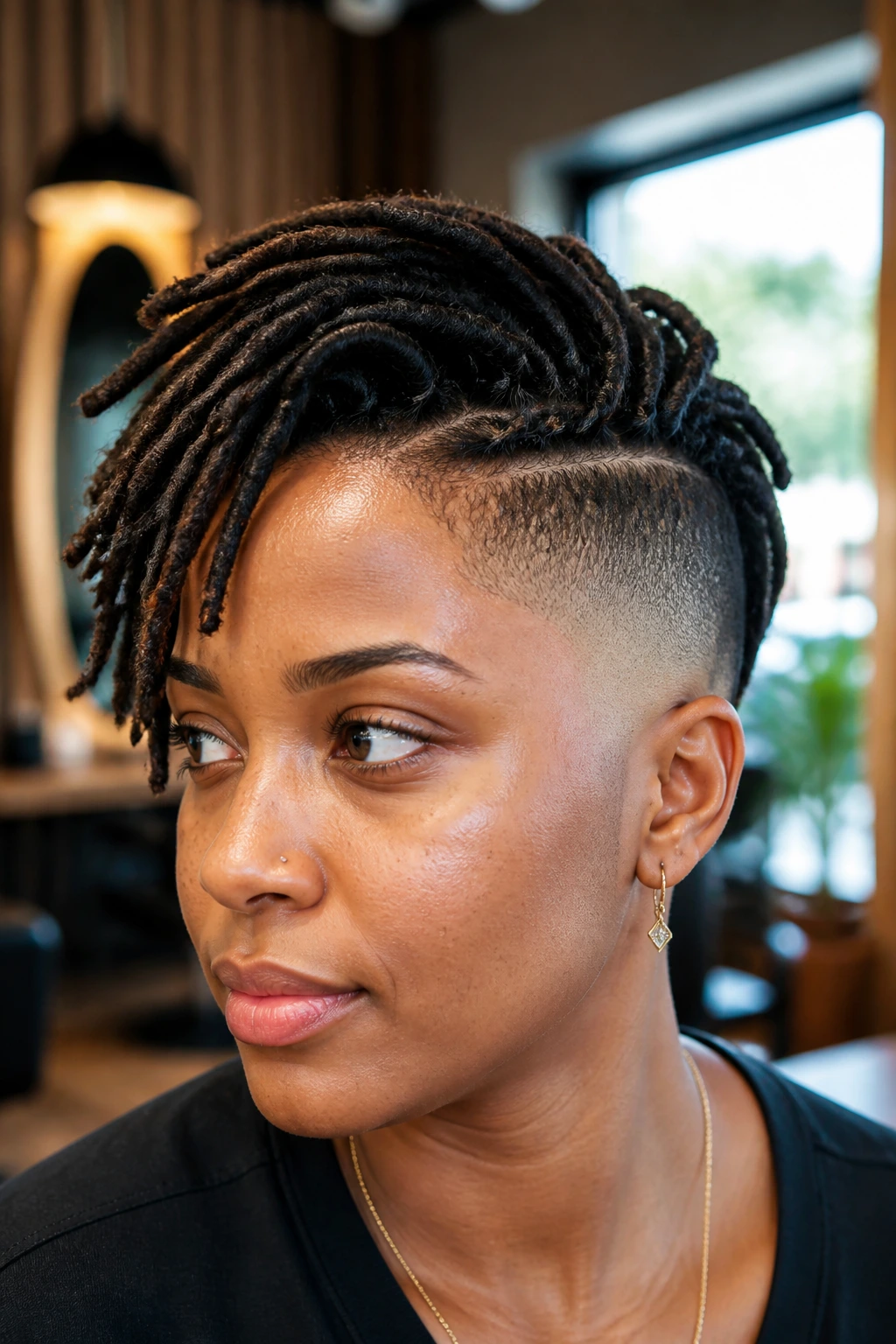Close-up of a real woman with Locs-Top Side Fade in a chic salon