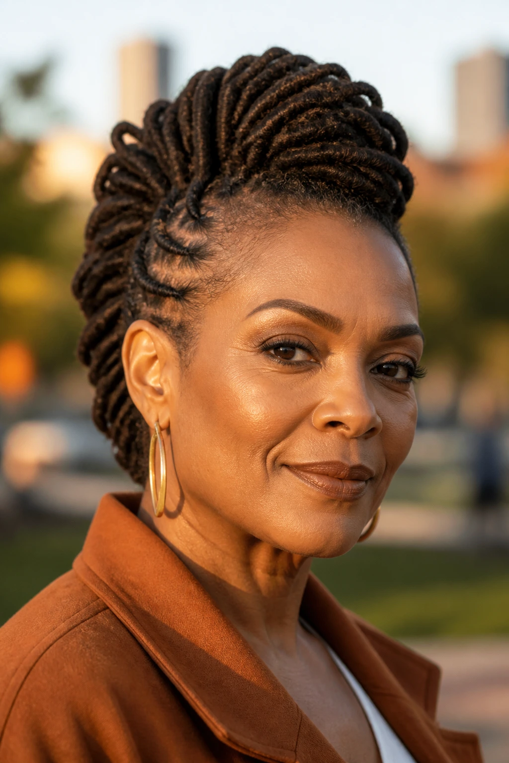 Close-up of a real person with locs styled into a faux hawk