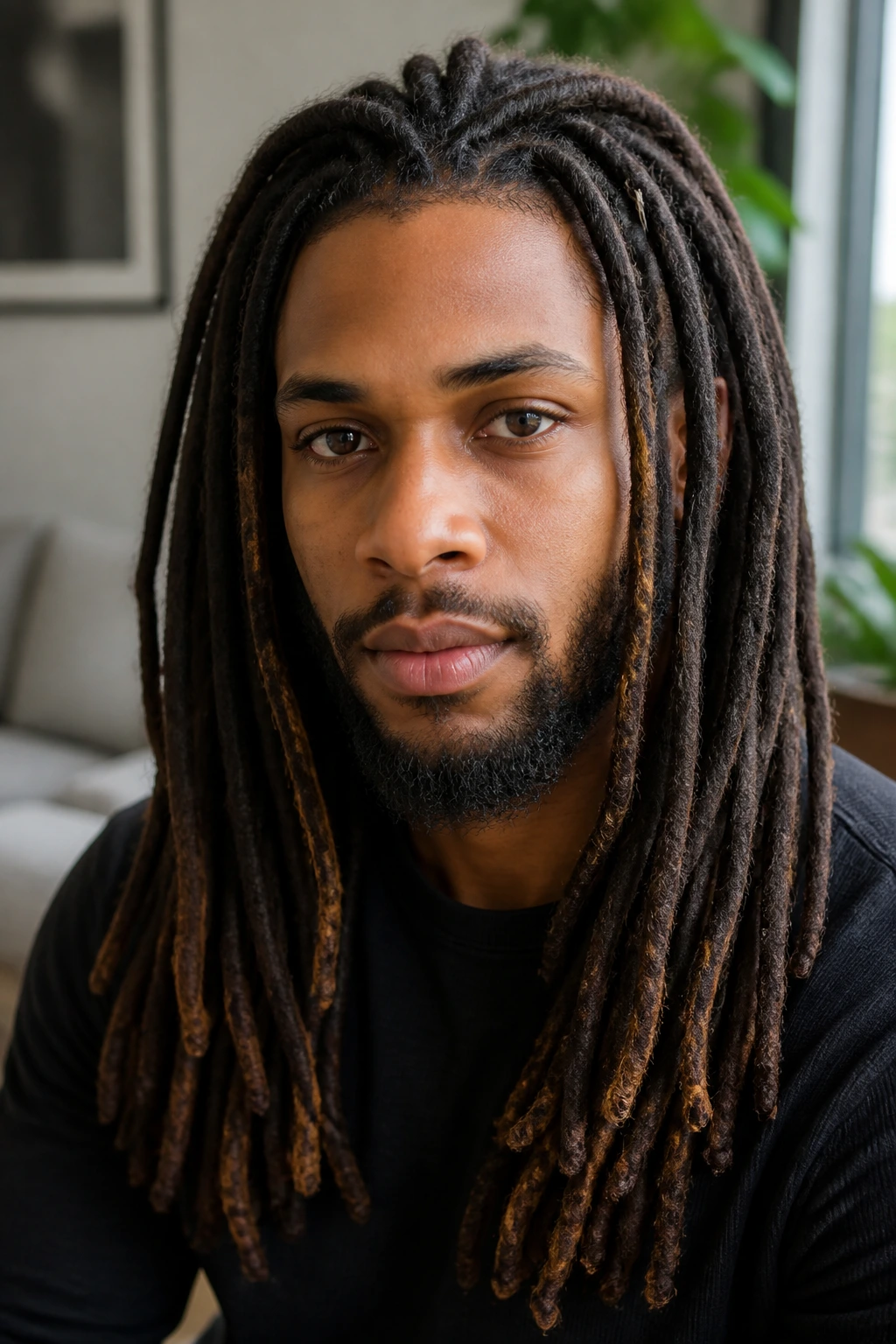 Close-up portrait of a person with mature locs
