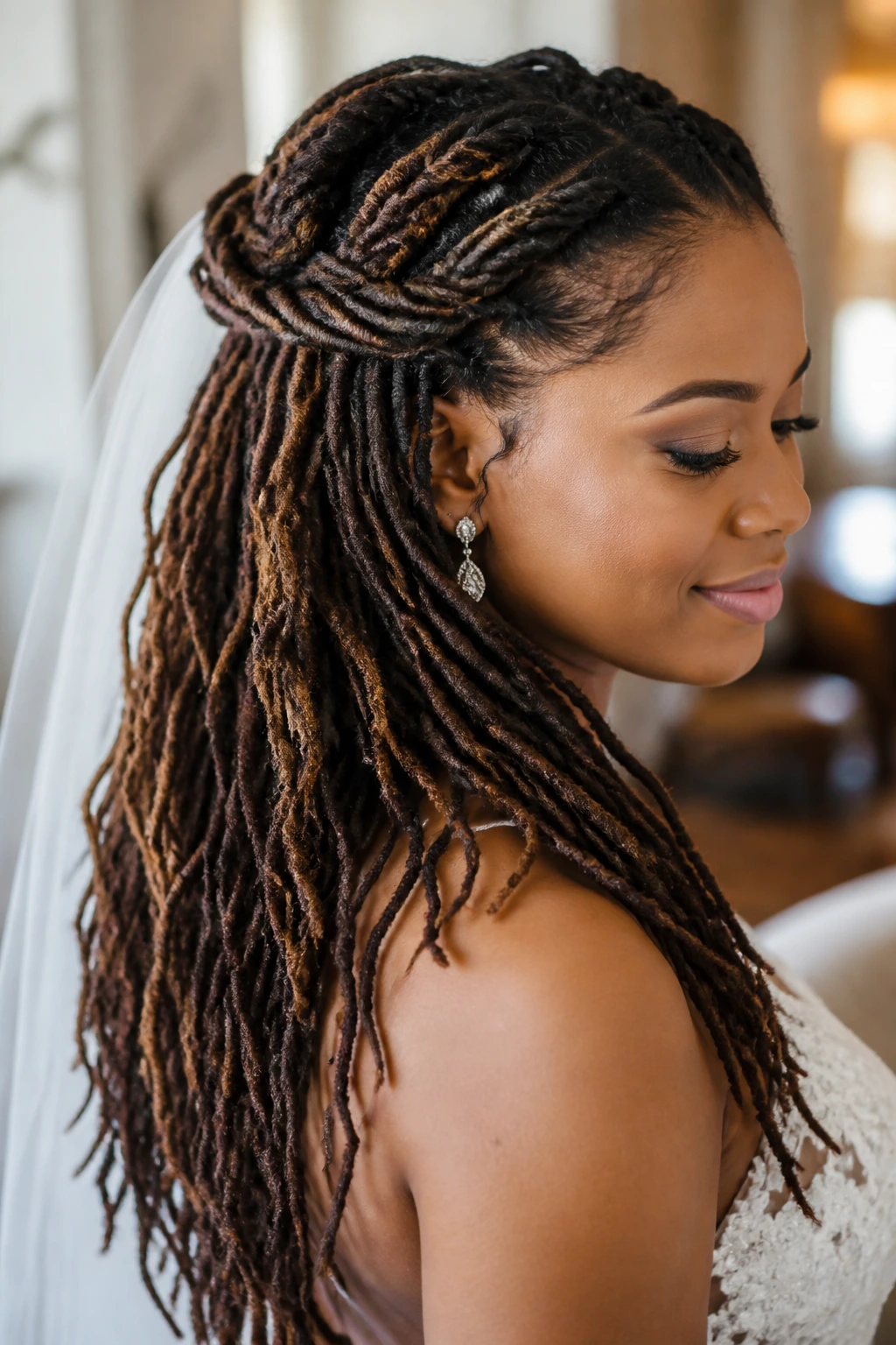 Close-up of a real bride with half-up rope twists and loose ends in bridal suite lighting
