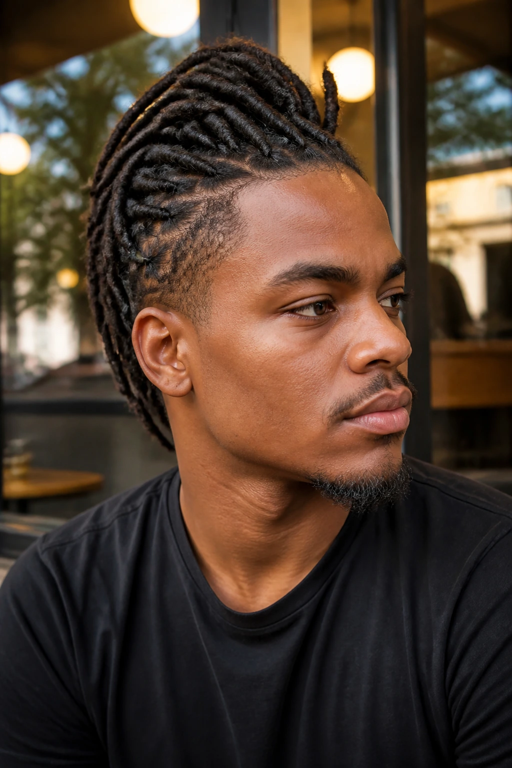 Close-up of a real person with Loc Hawk hairstyle featuring a center ridge and pinned sides