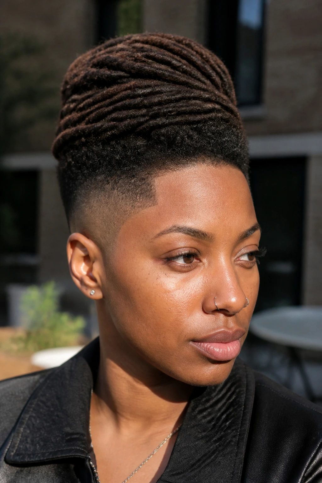 Close-up portrait of a person with Loc’d High Top Fade in an outdoor courtyard.