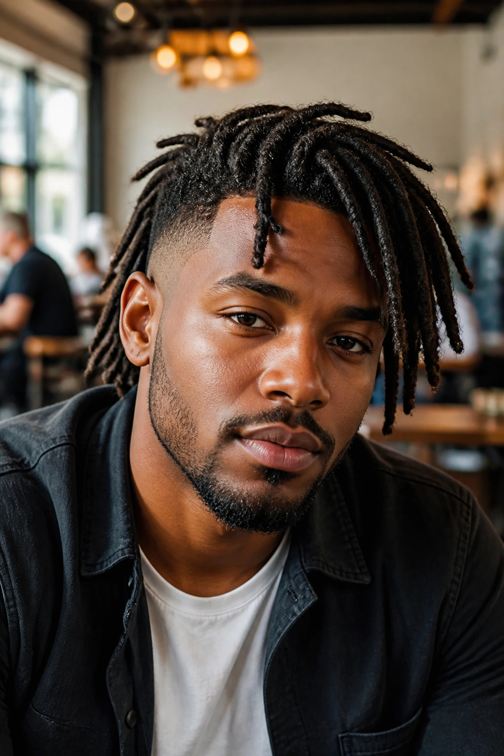 Close-up portrait of a man with tapered locs in a cafe setting