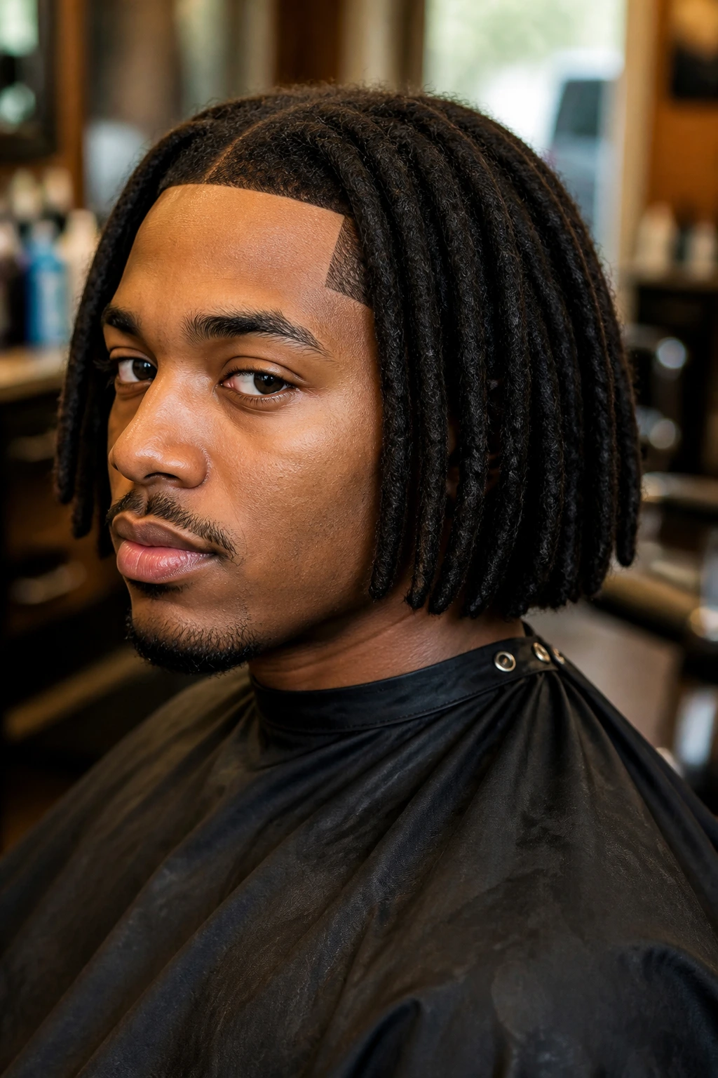 Close-up of a man with jaw-length loc bob and sharp line-up