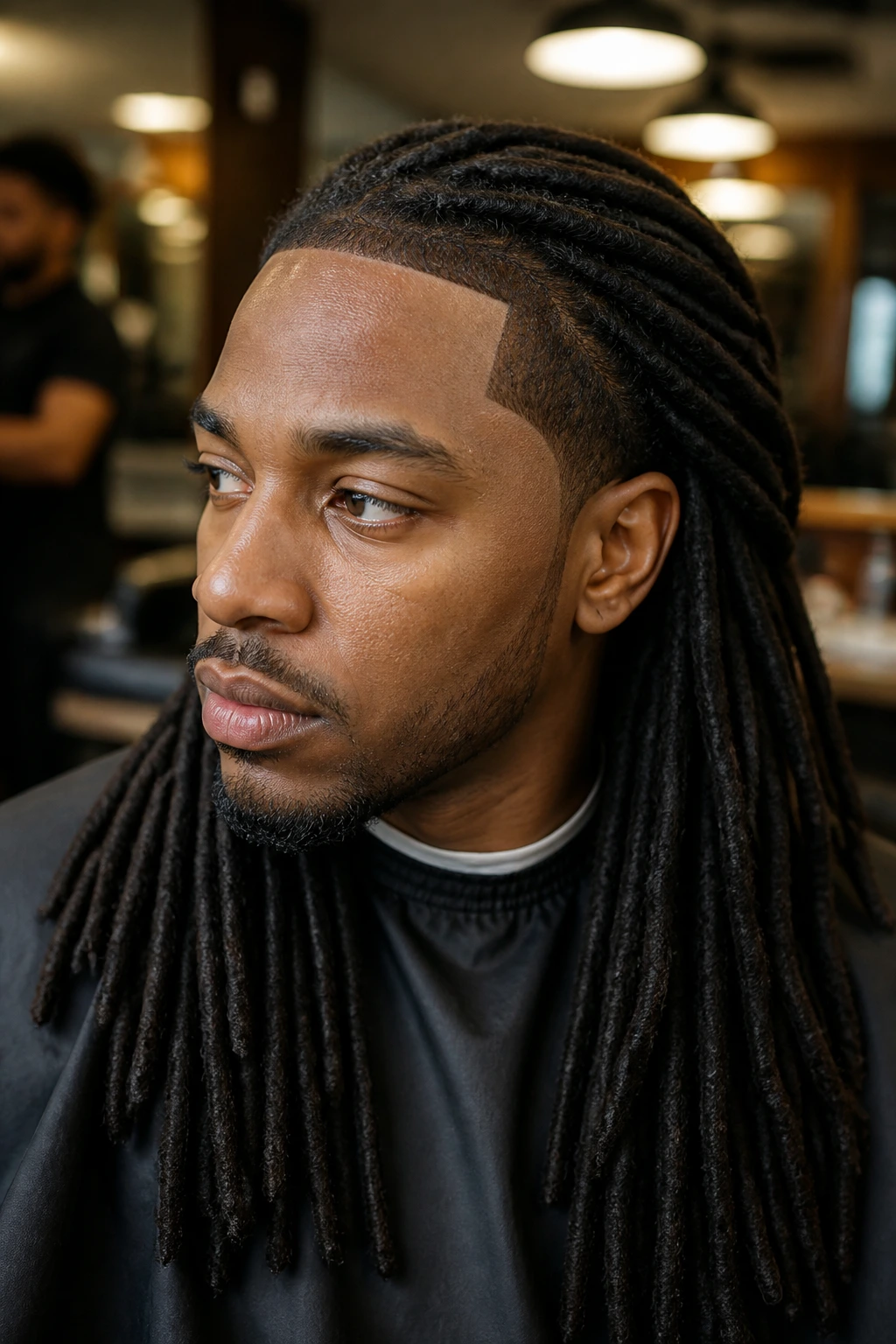 Close-up of a man with long locs and a crisp lineup in a barbershop setting