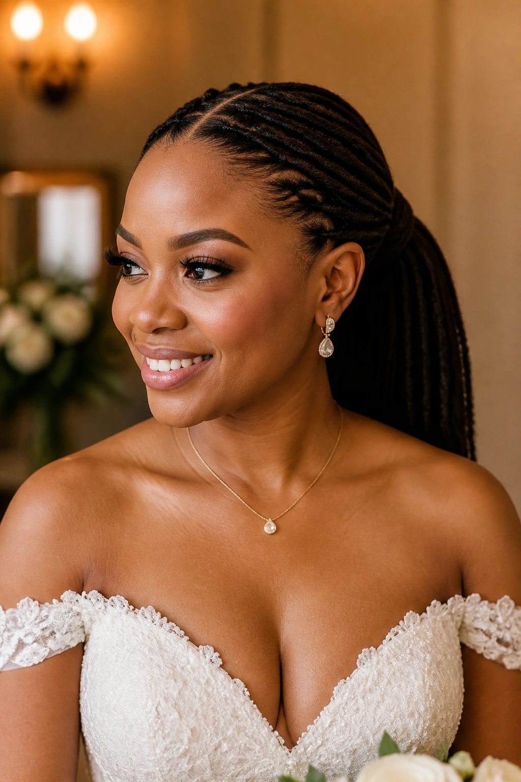 Real bride portrait with sleek middle-part ponytail and wrapped base