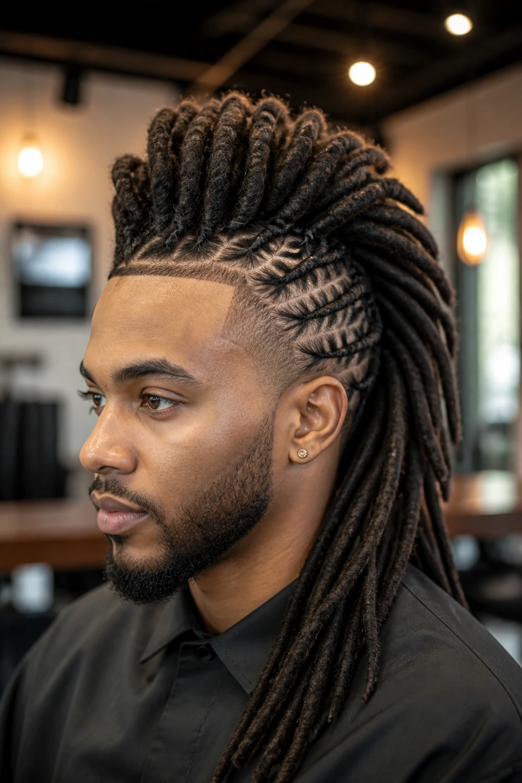 Close-up portrait of person with long locs mohawk showing center ridge and neat sides