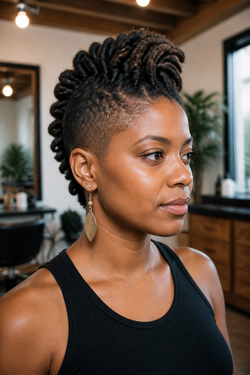 Close-up of a real person with loc Mohawk and tapered sides in a sunlit salon
