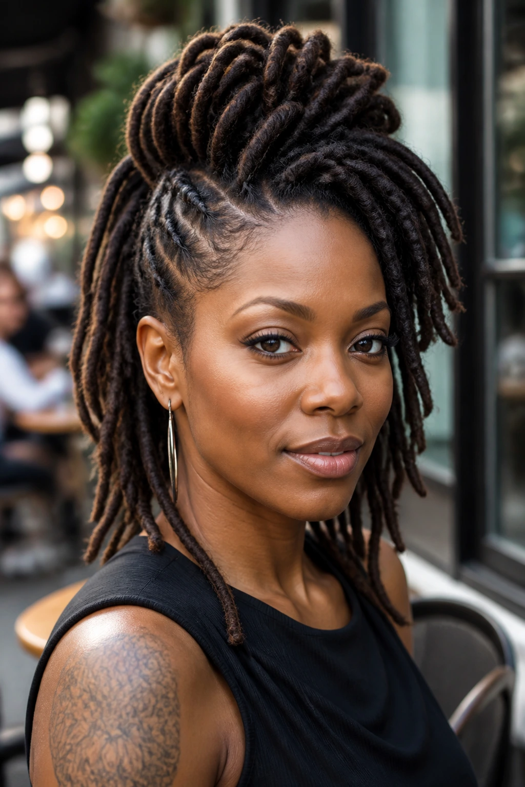 Real woman with loc mohawk updo and hanging ends