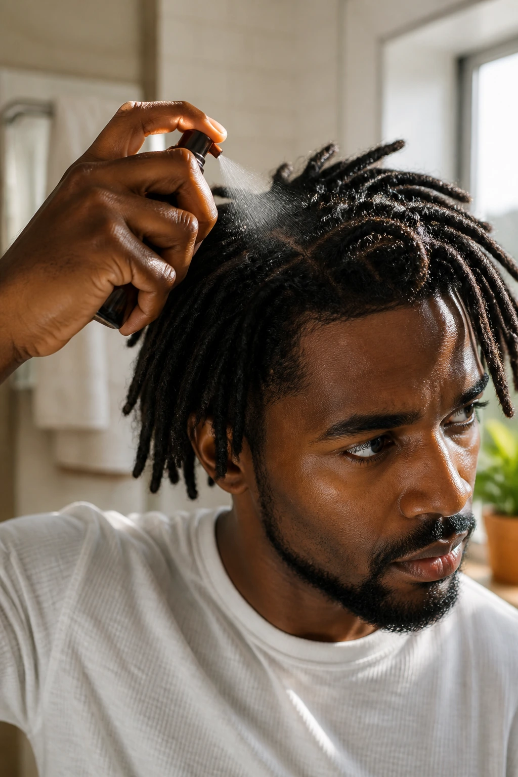Close-up of a man with locs being misted for lightweight scalp moisture