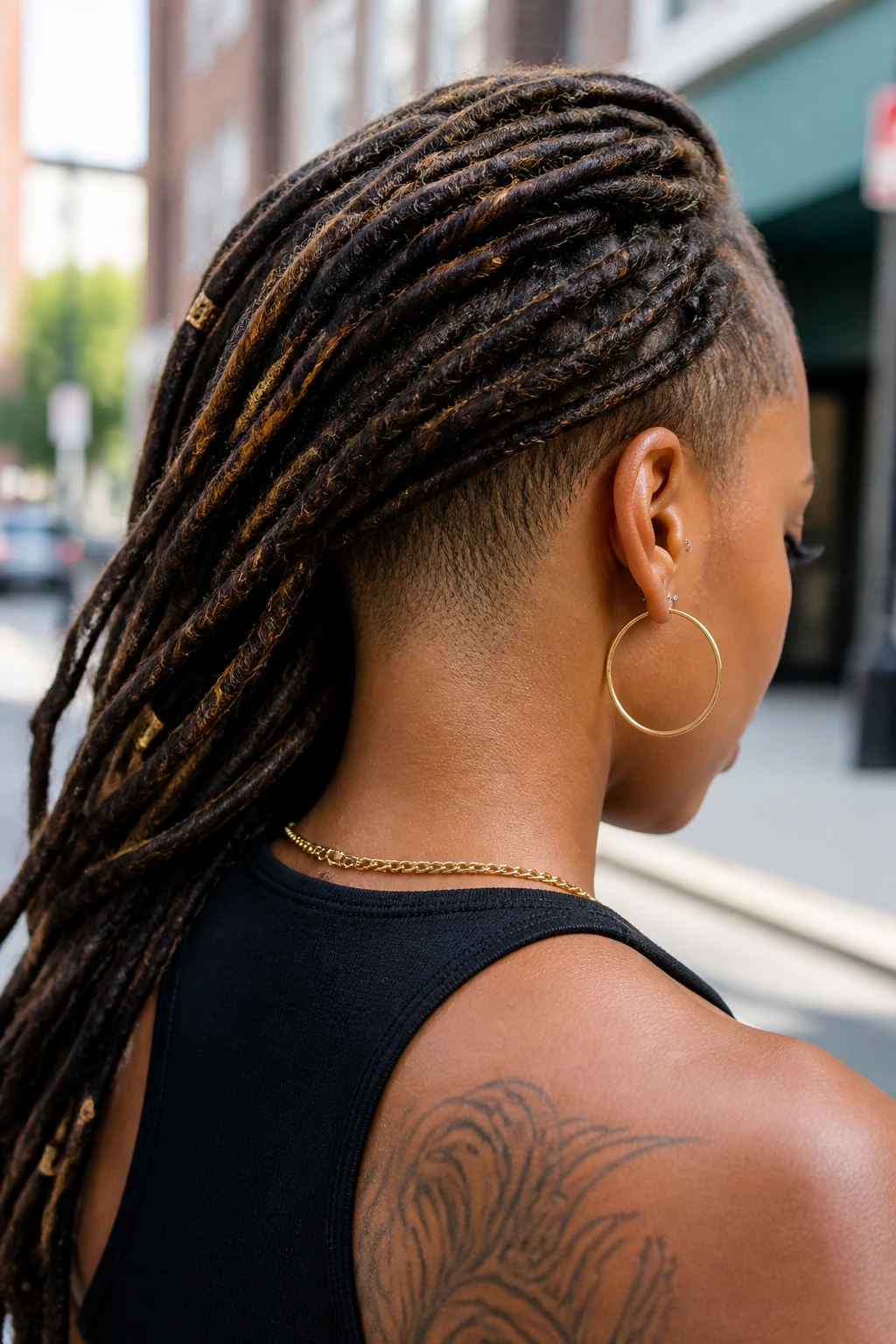 Portrait of a woman with locs and a nape undercut in urban daylight