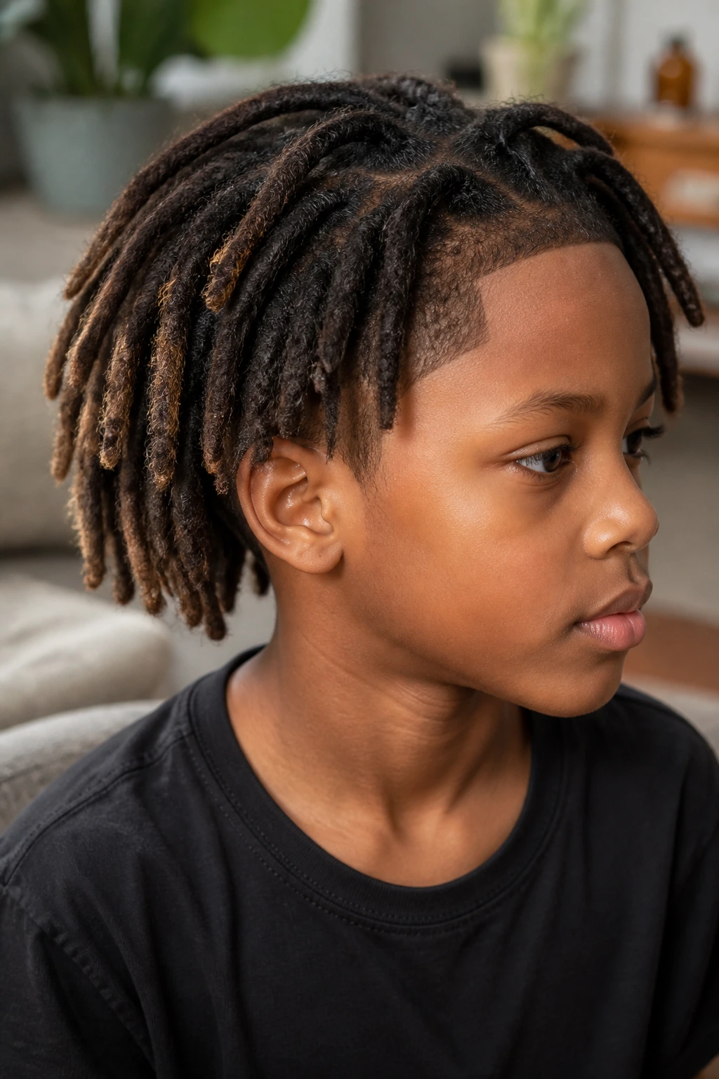 Child with locs showing a crisp outline cut under natural light.