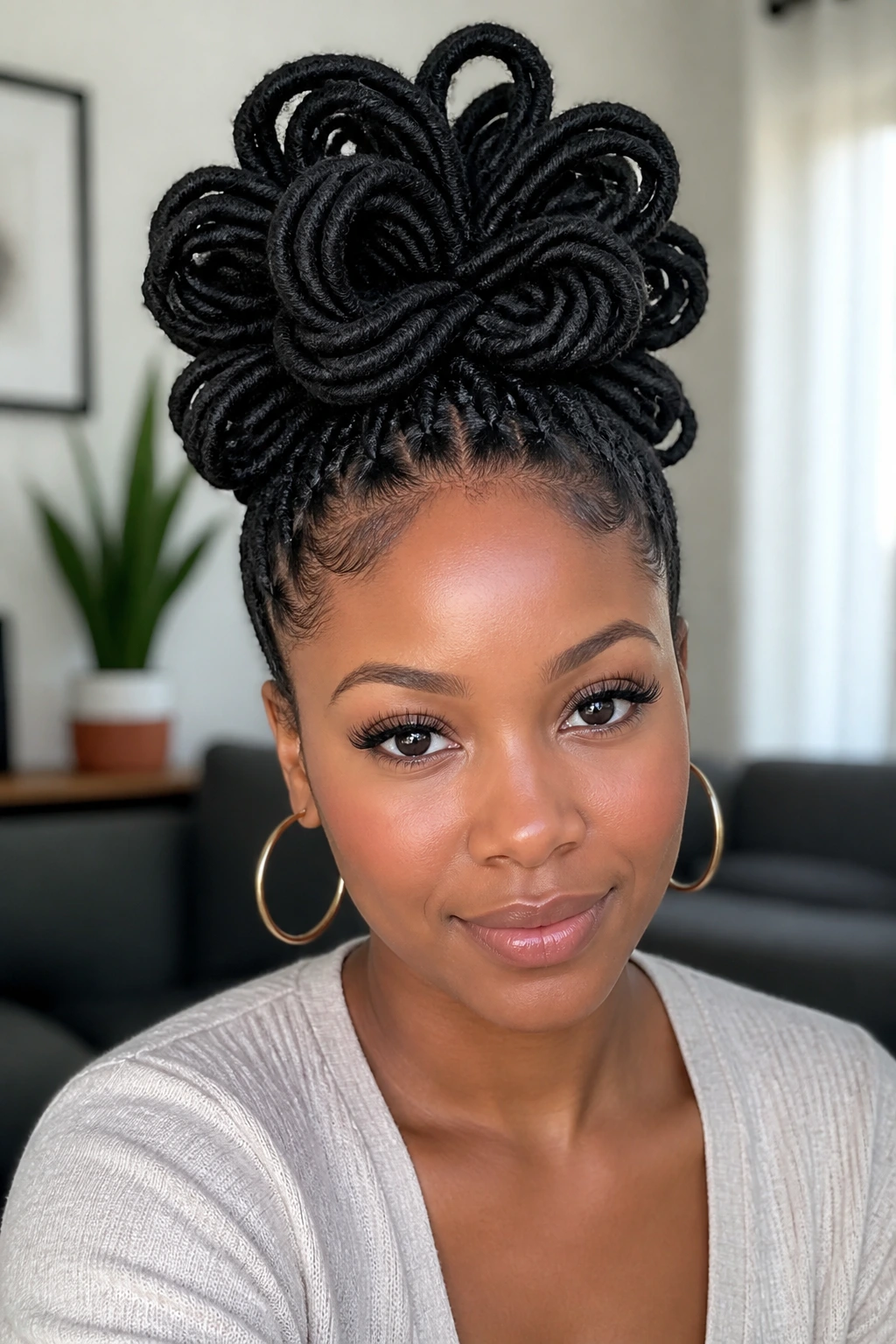 Close-up of a real Black woman with locs in a petal bun, soft indoor lighting