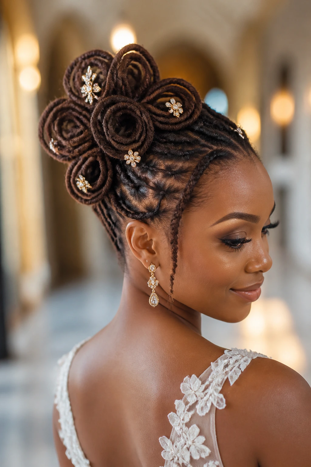 Close-up of a bride's locs arranged in a petal bun with ornament pins.