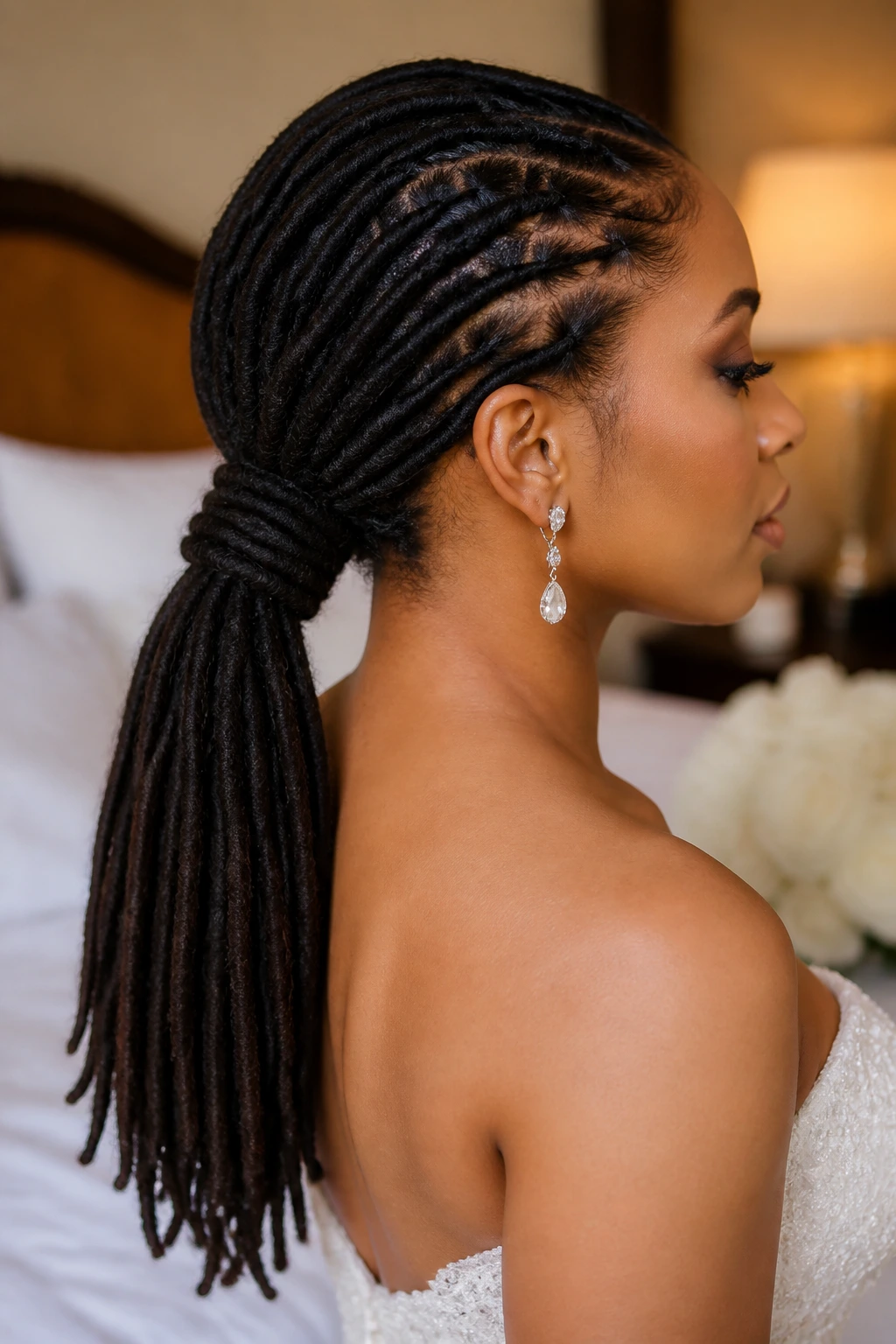 Bride with low ponytail wrapped loc strands at the nape