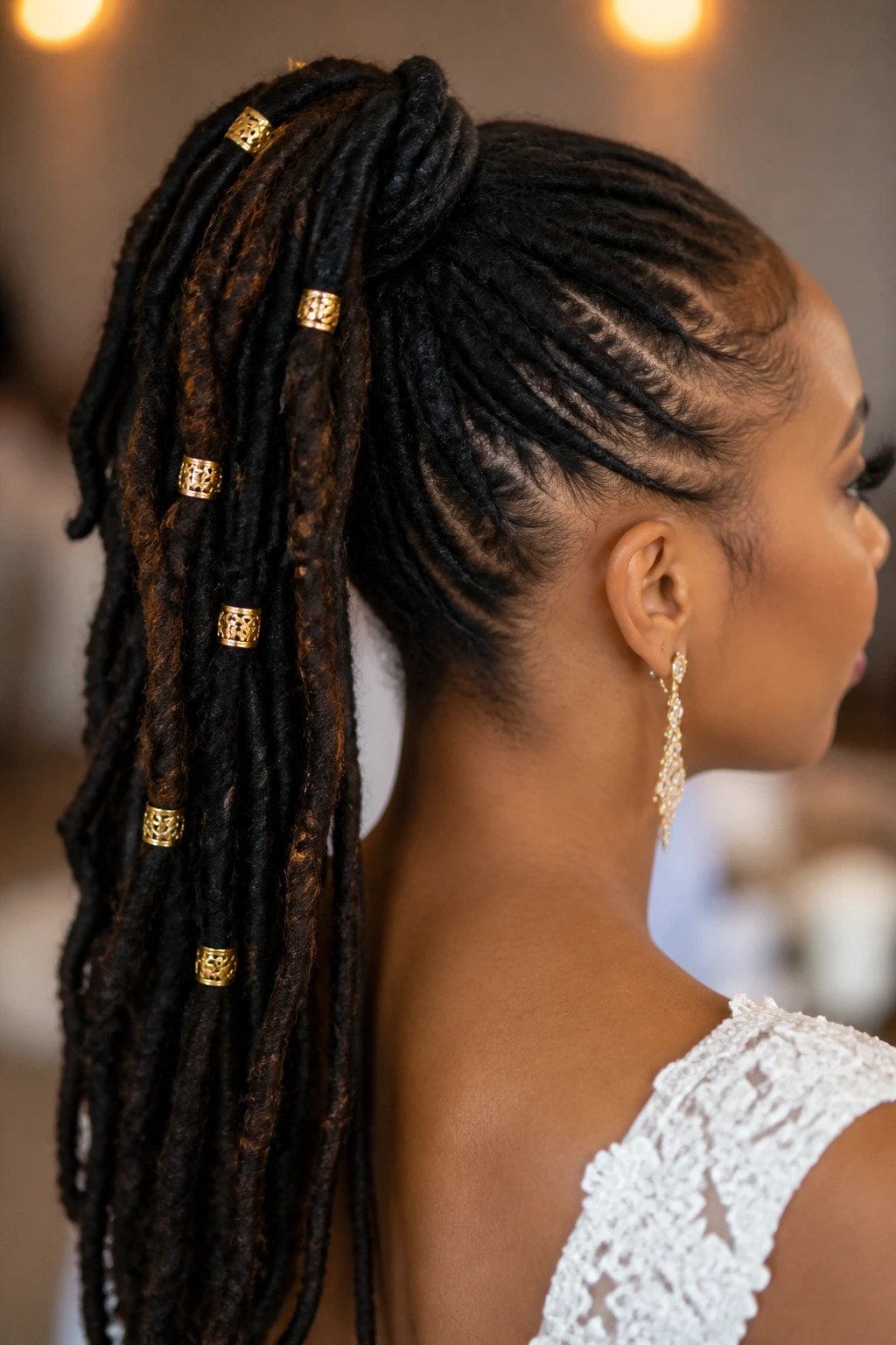 Bride with locs in a ponytail accented by gold cuffs