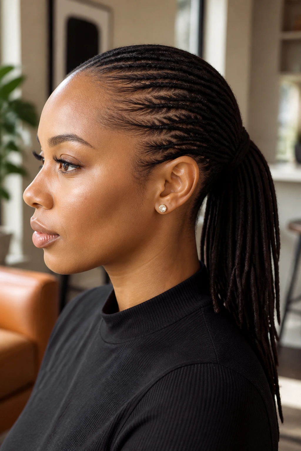 Real woman with slicked-back locs ponytail hairstyle