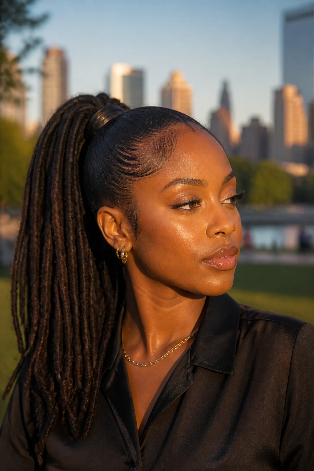 Close-up of a person with locs in a high ponytail with shine