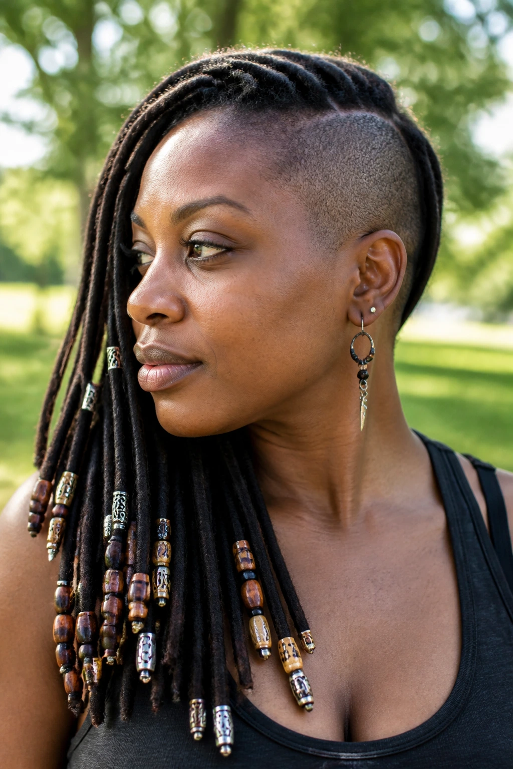 Real woman with shaved side and beaded locs