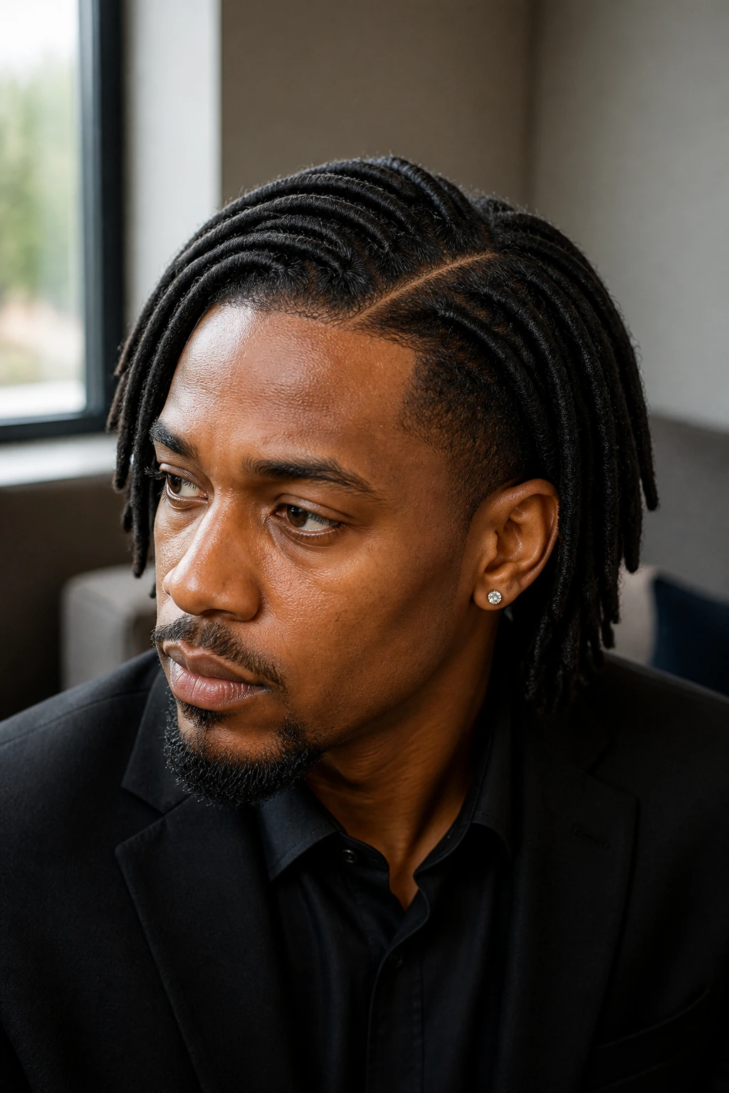 Close-up of a man with locs styled in a neat side part