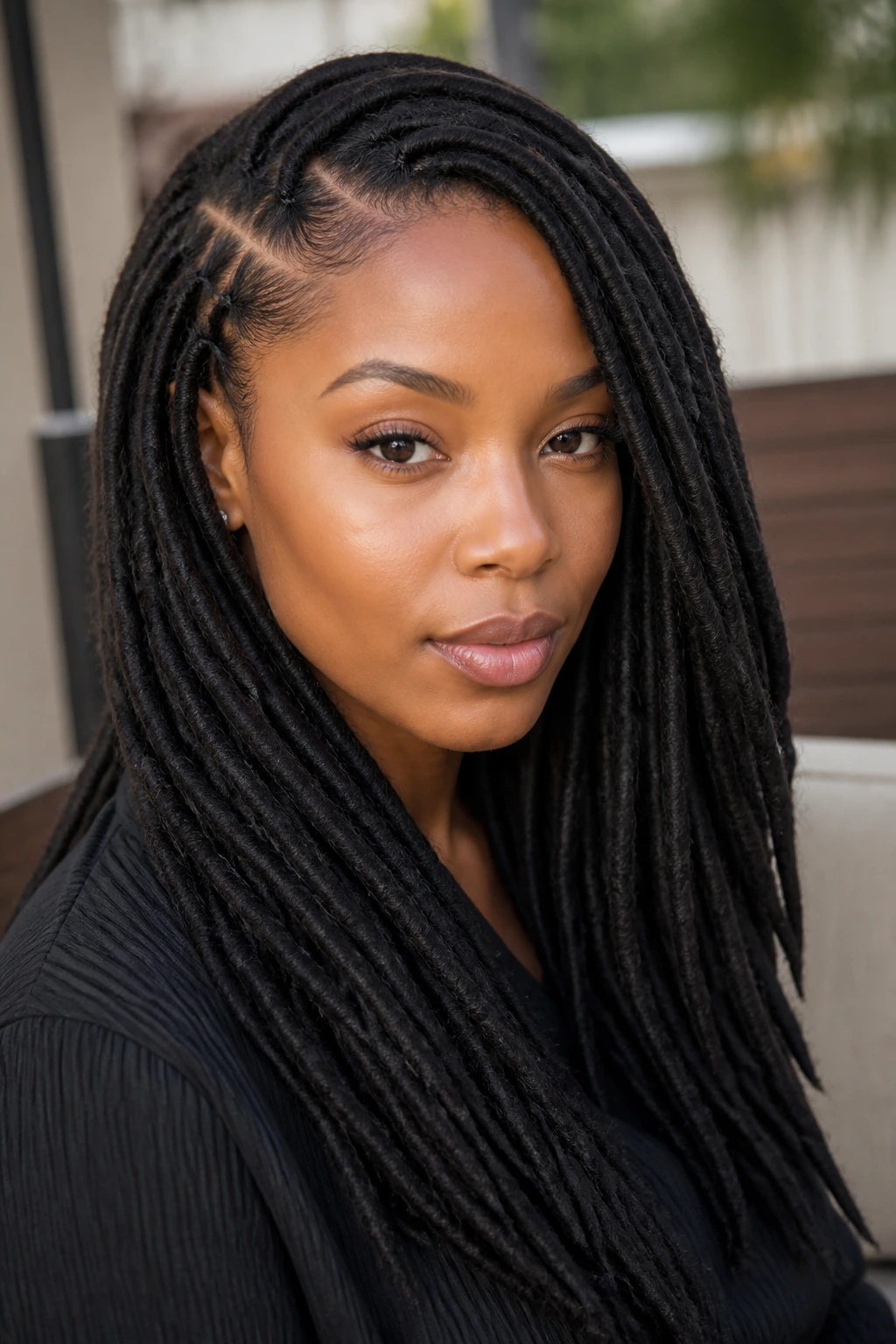 Portrait of a person with long locs, side part and tapered shape in natural light
