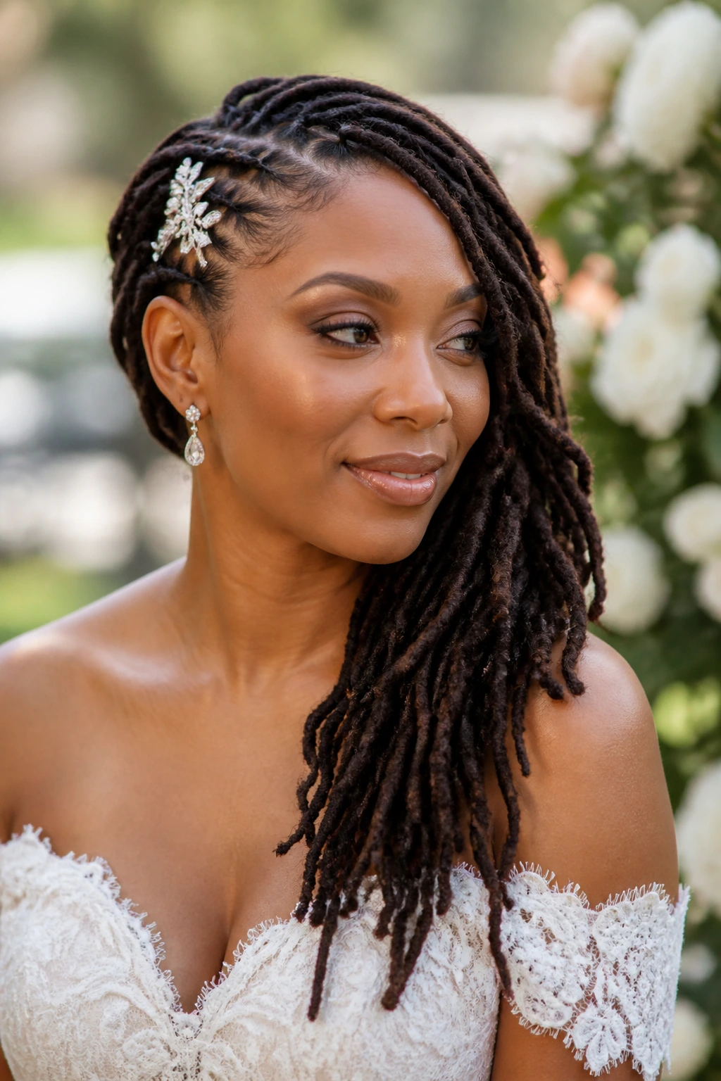 Bride with cascading side-pinned locs and jewel clip