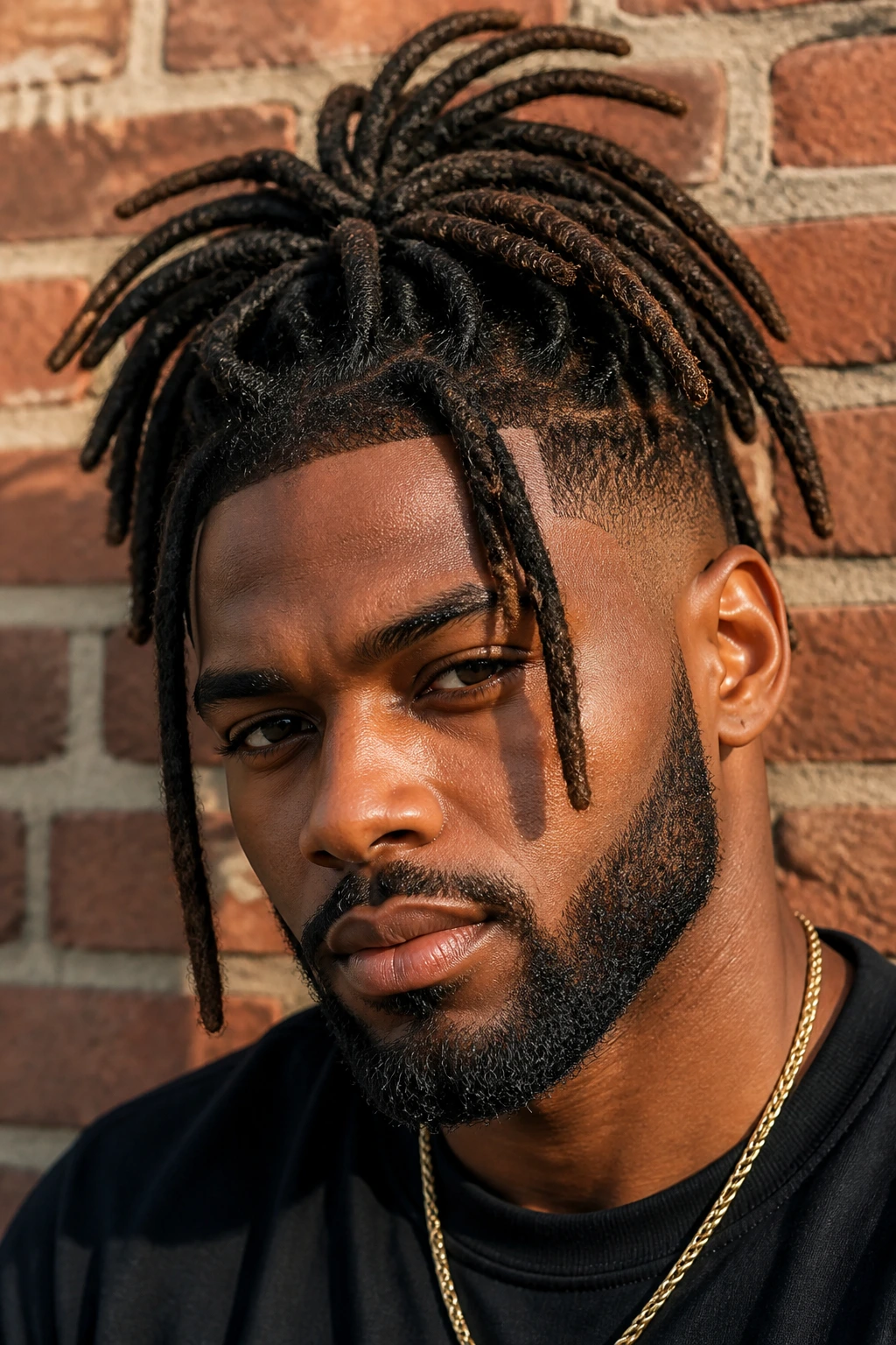 Close-up portrait of a man with loc styles against an urban brick wall.