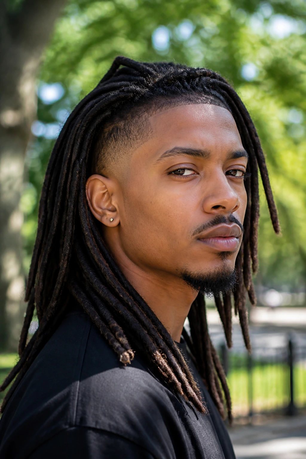 Portrait of a real person with locs and a tapered perimeter.