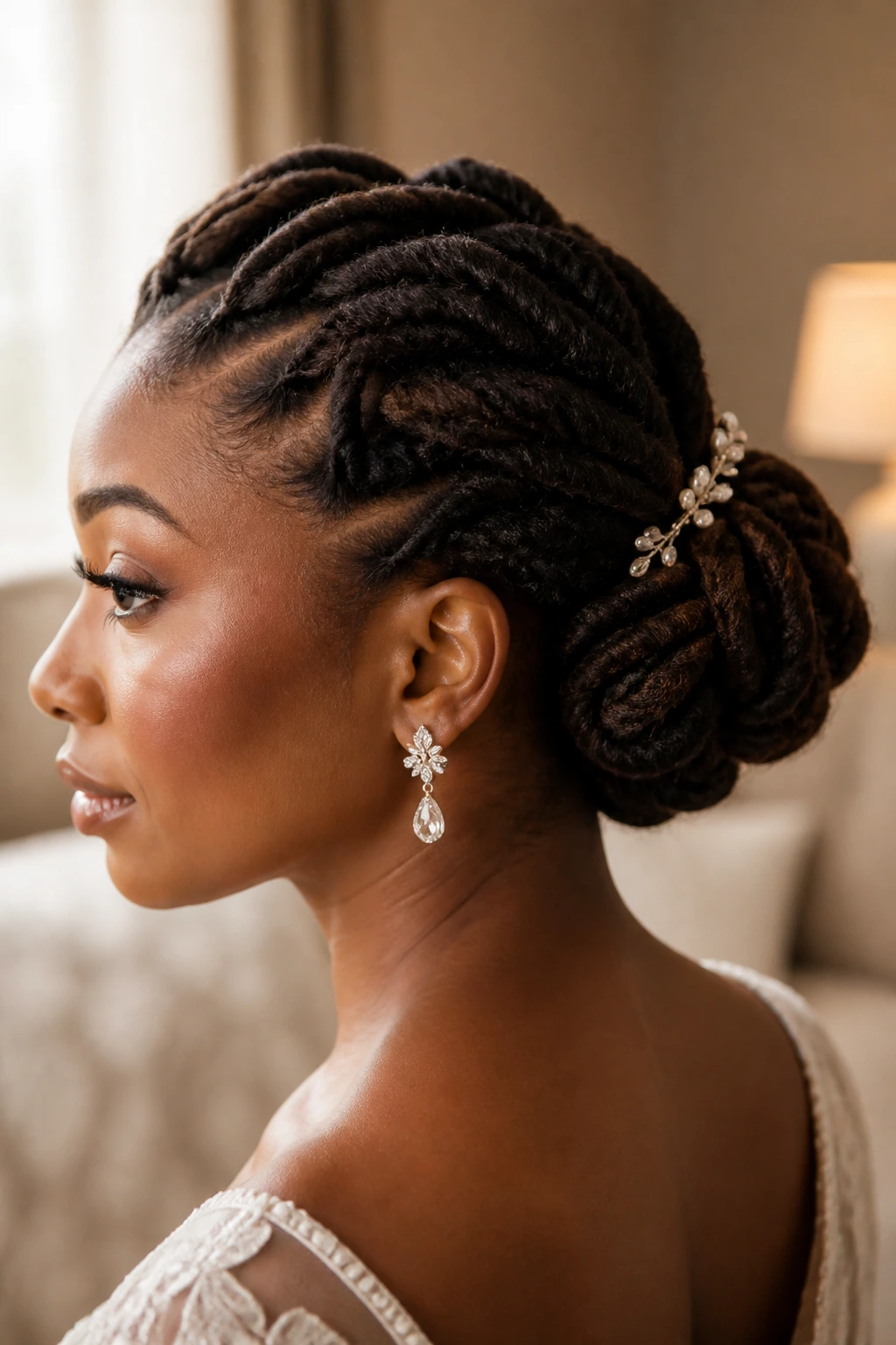 Close-up of a real bride with textured roll-and-tuck updo