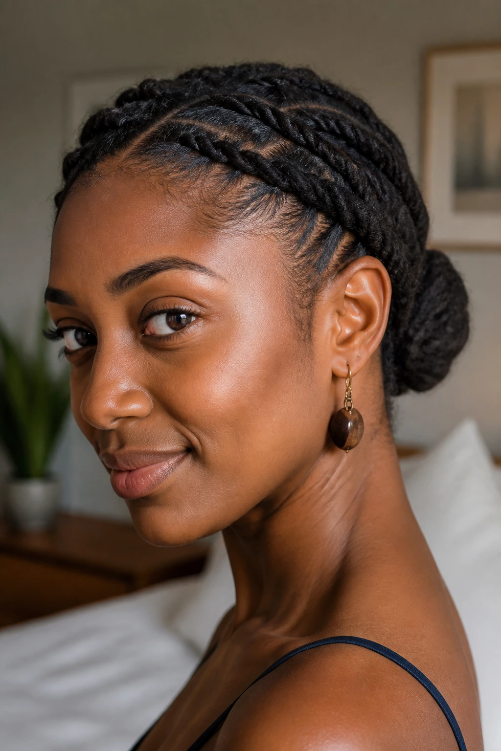 Close-up of a real person with twin crown twists forming a back knot in a polished loc hairstyle.