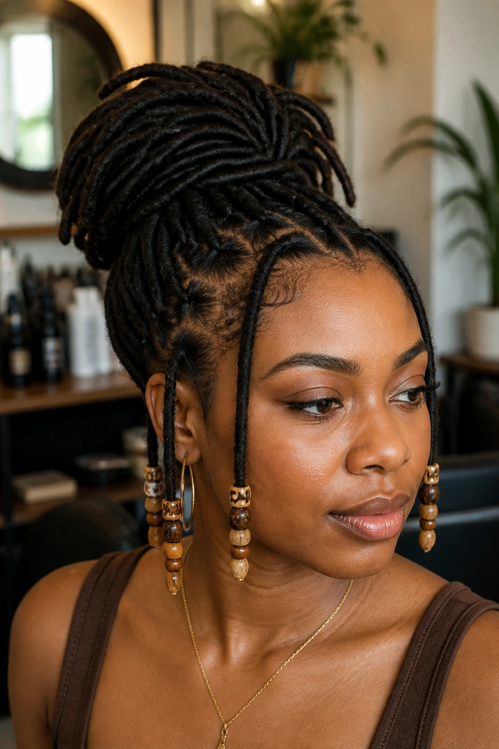 Close-up of a real woman with locs updo and beaded tendrils in warm salon light