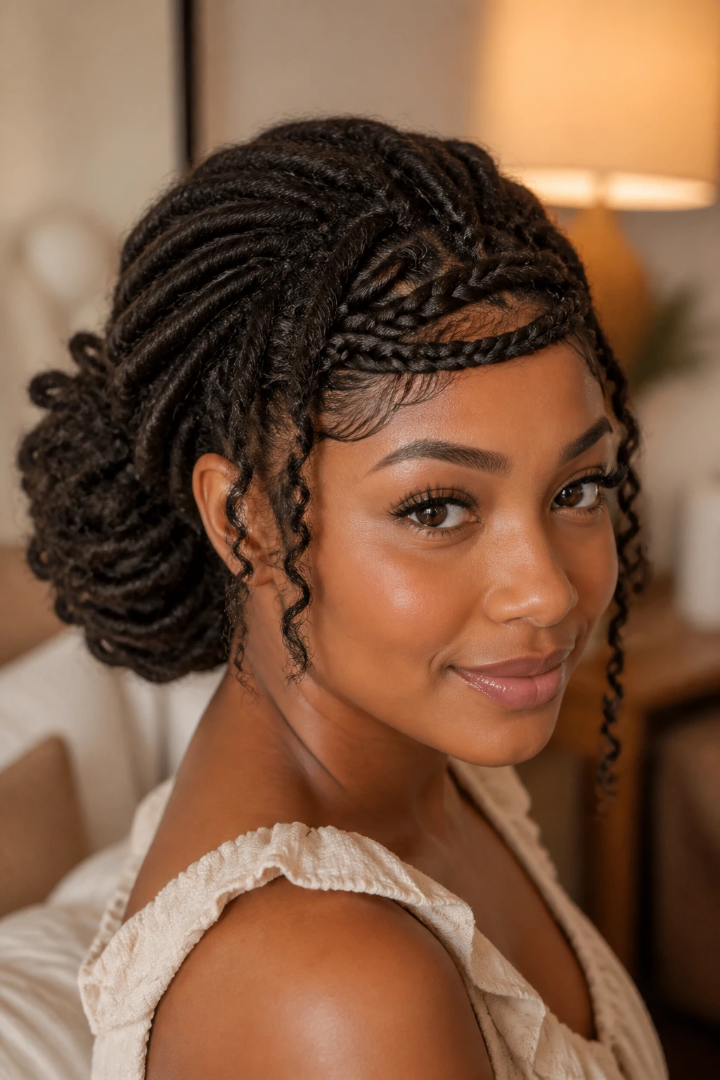 Close-up of a real woman with soft locs updo and braided fringe