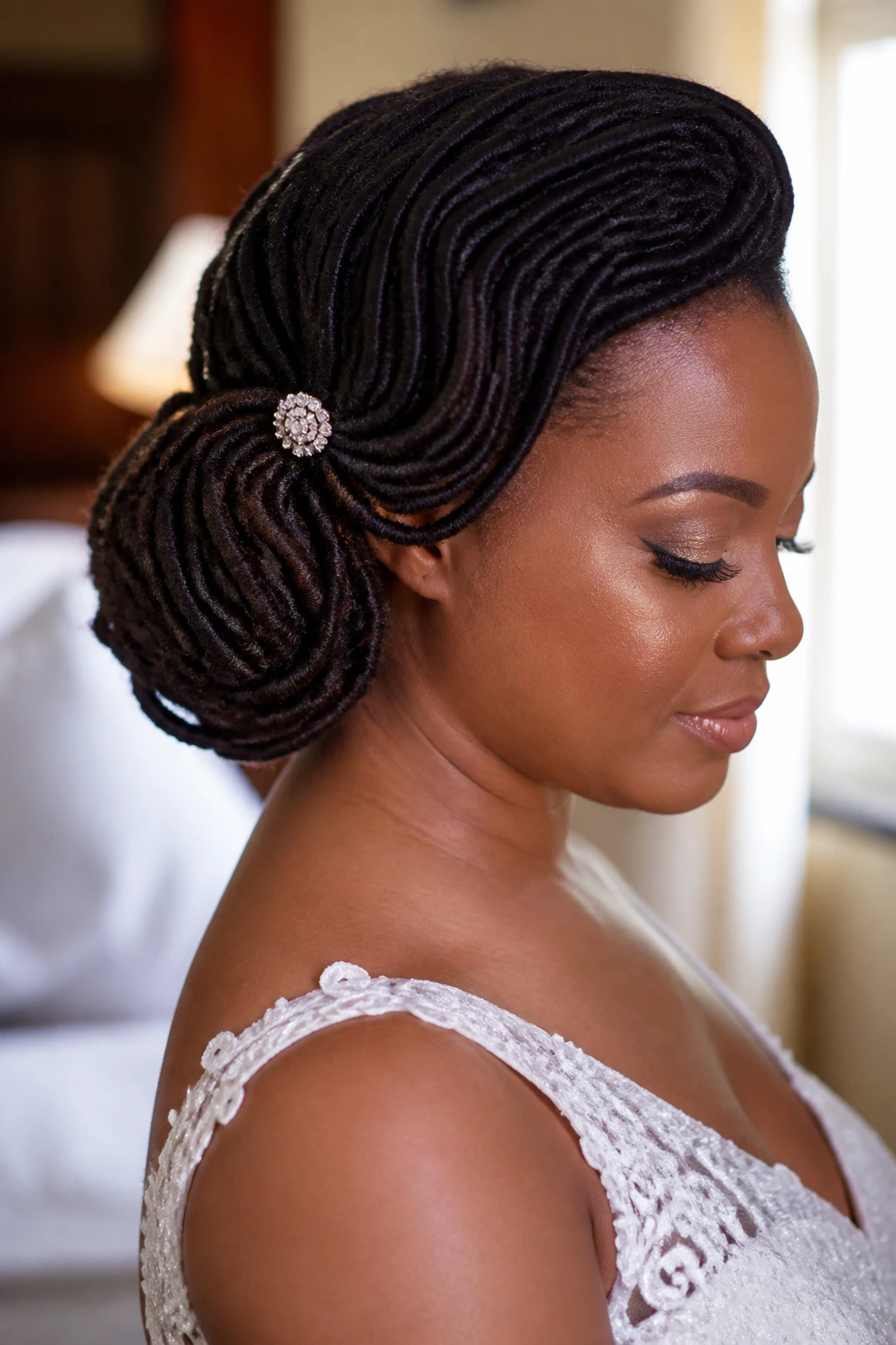 Bride with S-Curve pinned loc updo in profile