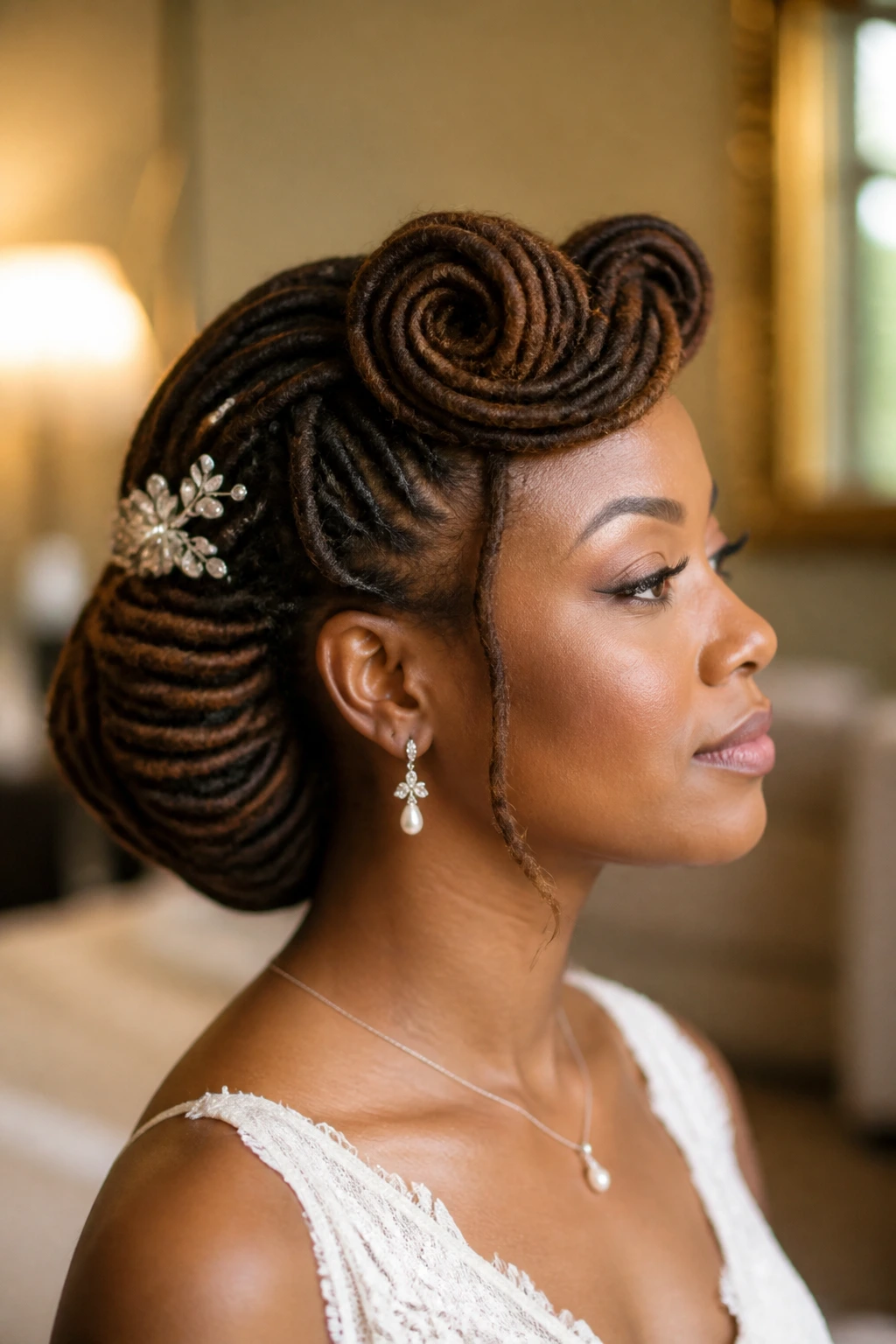 Bride with victory roll-inspired locs in profile
