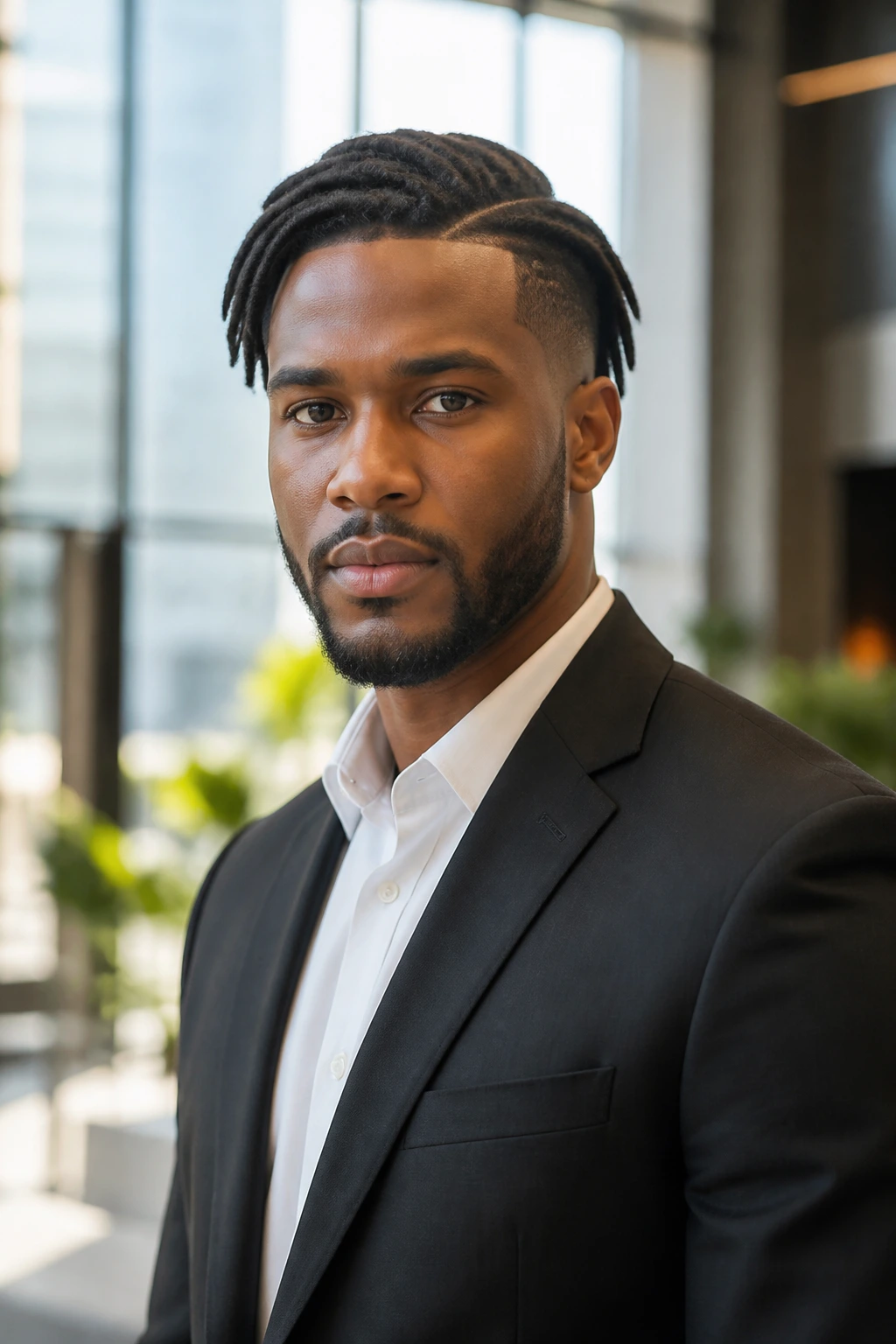 Portrait of a man with a versatile locs style suitable for work, gym, and formal events