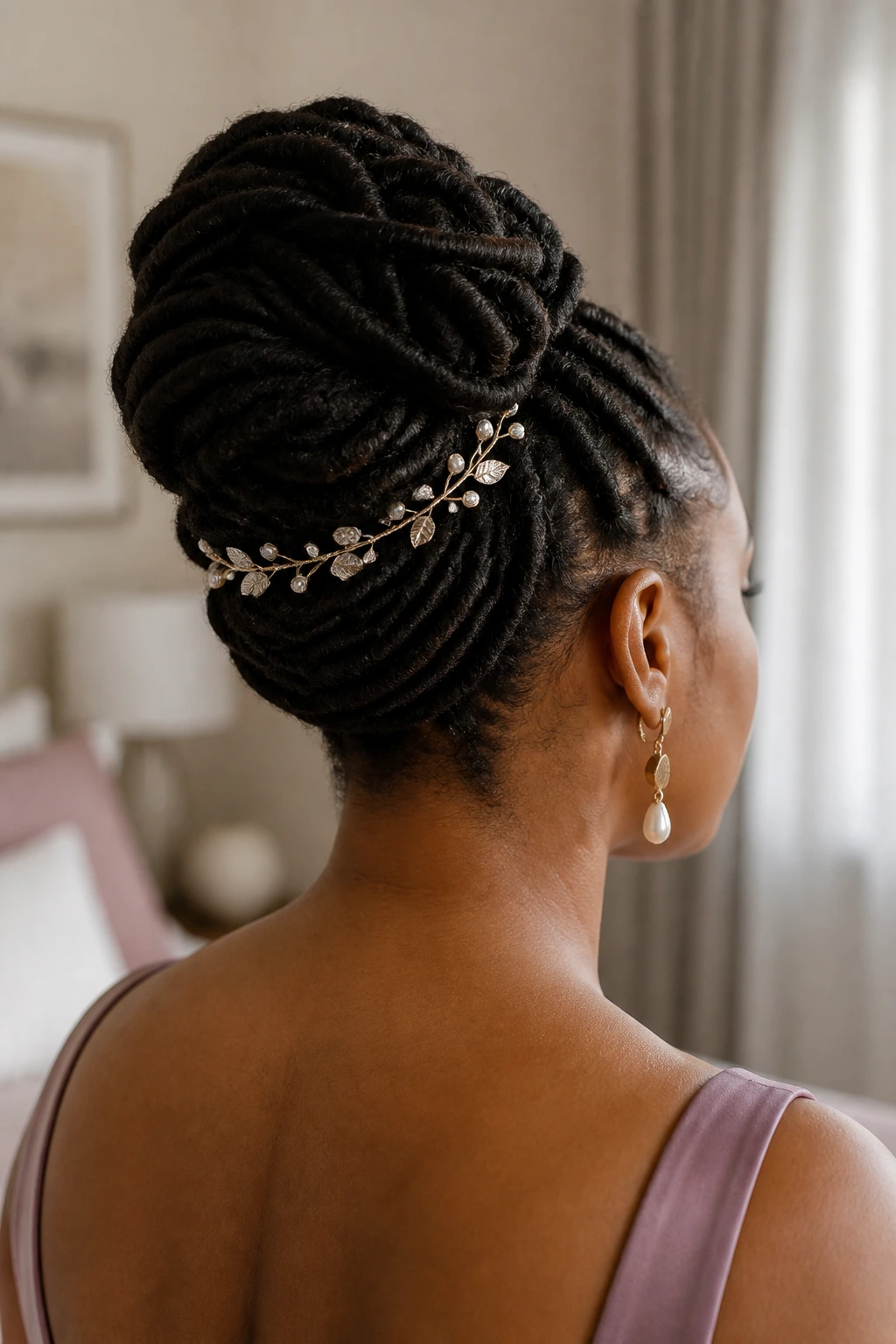 Close-up of locs in a wrapped-base updo with decorative accents