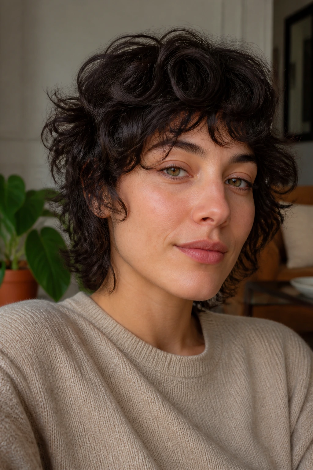 Close-up portrait of a real person with a simple layered loft shag in calm indoor light