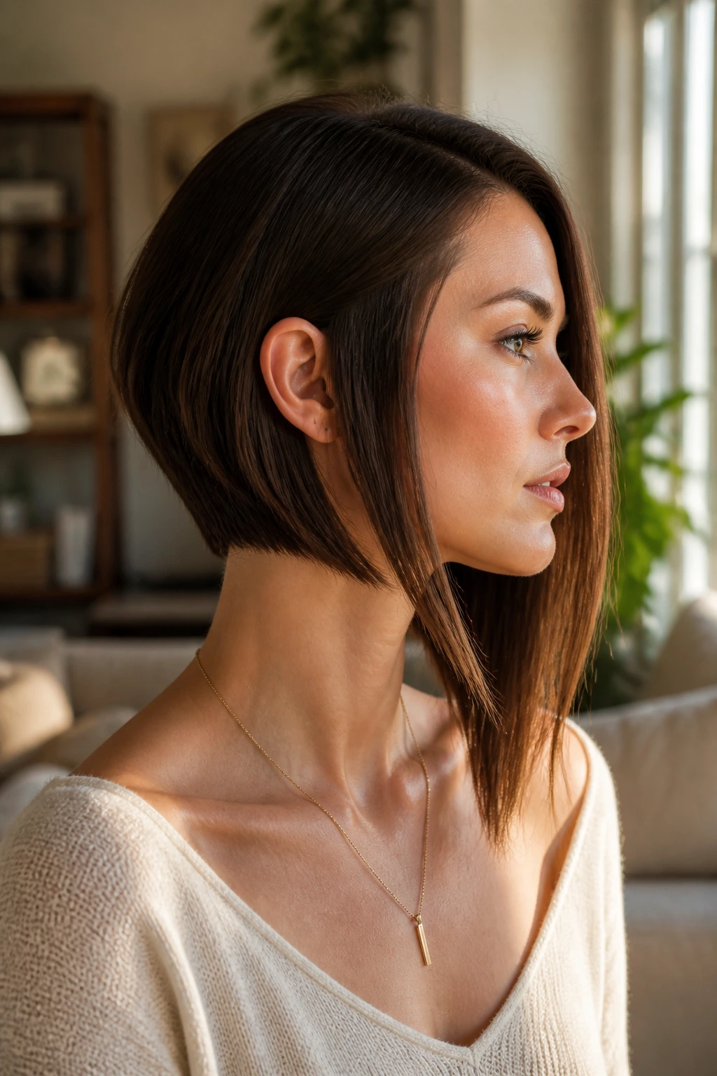 Profile portrait of a woman with a long-angle asymmetrical bob showing diagonal line.