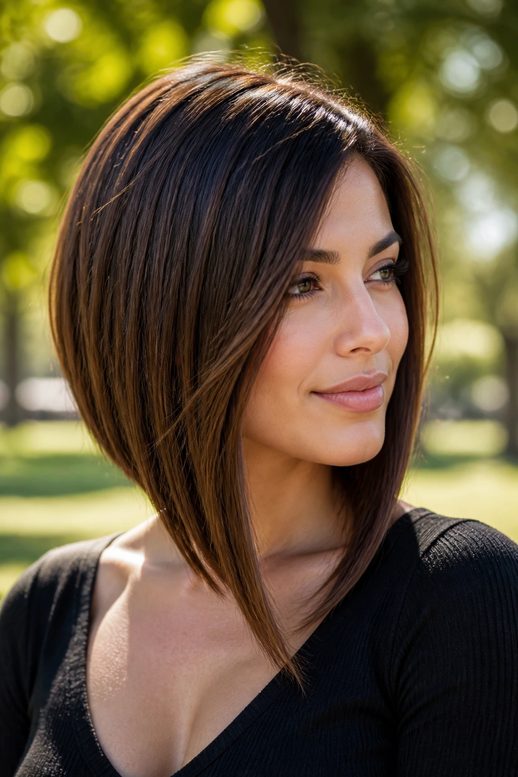 Portrait of a real person with long angled lob showing diagonal line from back to front