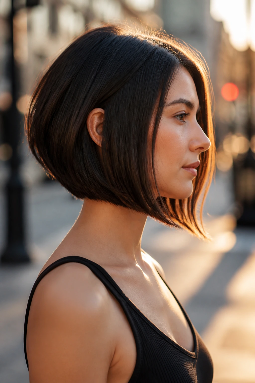 Profile portrait of a real woman with a long angled lob showing diagonal cut.