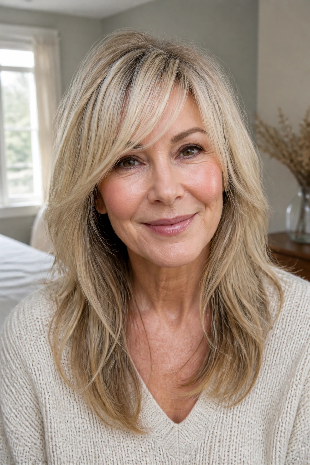 Close-up of a real woman with curved arc bangs