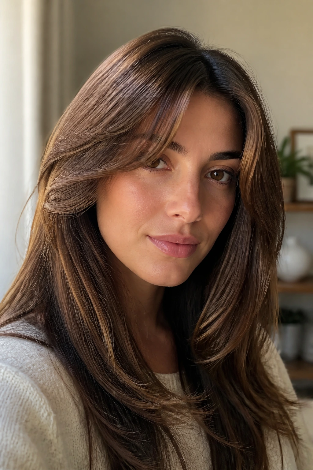 Portrait of a woman with long arc bangs curved across forehead