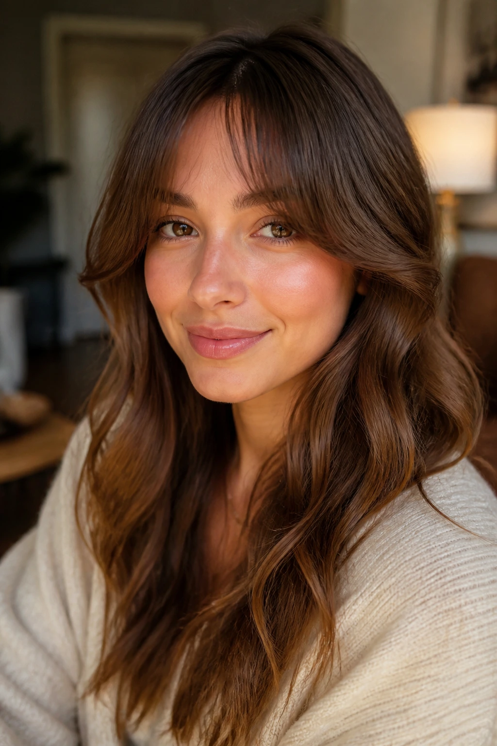 Close-up of a real woman with long arched bangs.