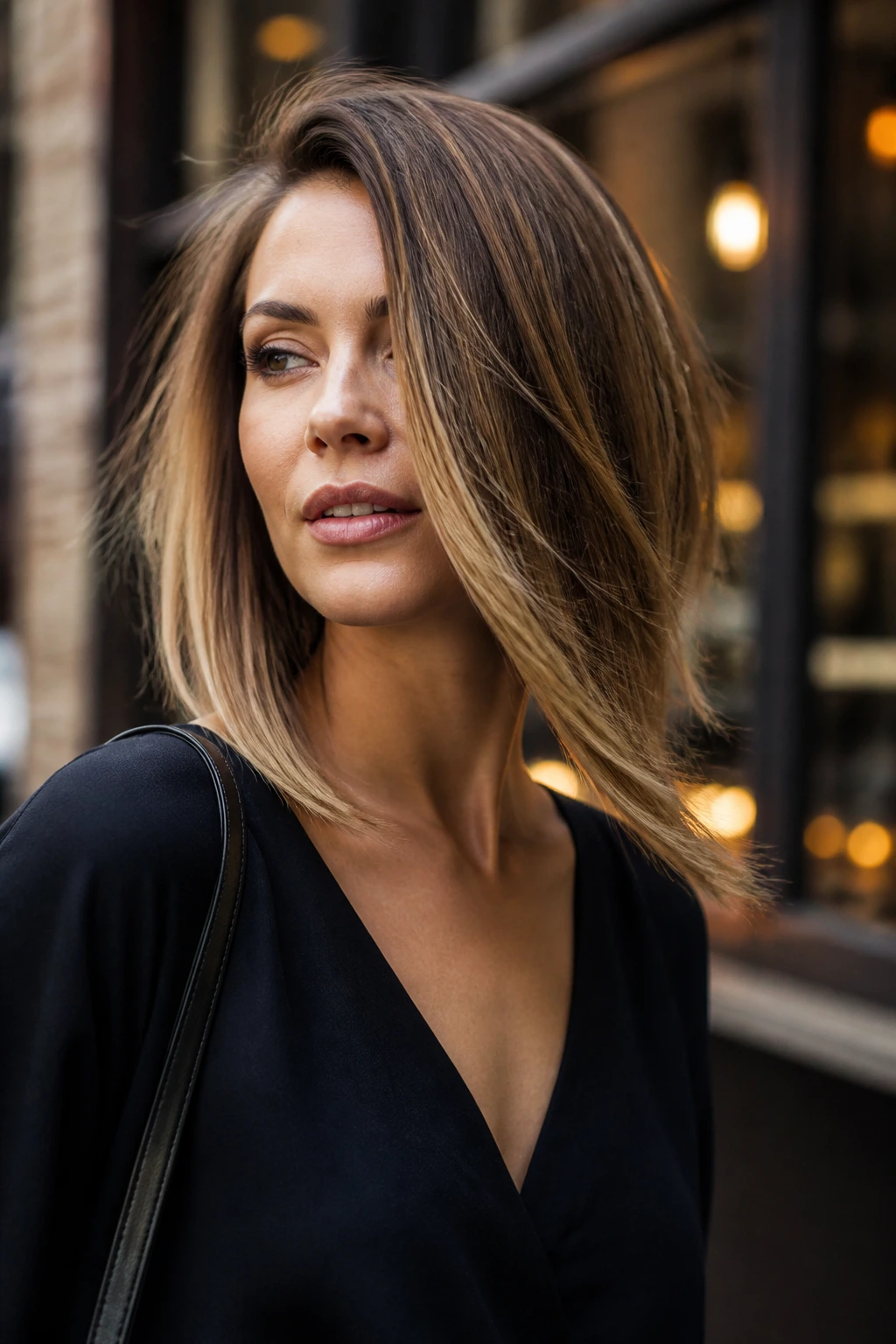 Portrait of a real woman with a long asymmetrical bob showing movement at the ends.