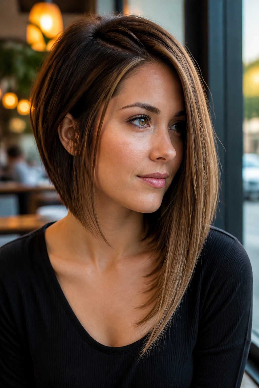 Close-up portrait of a real woman with a long asymmetrical lob and sharp front angle.