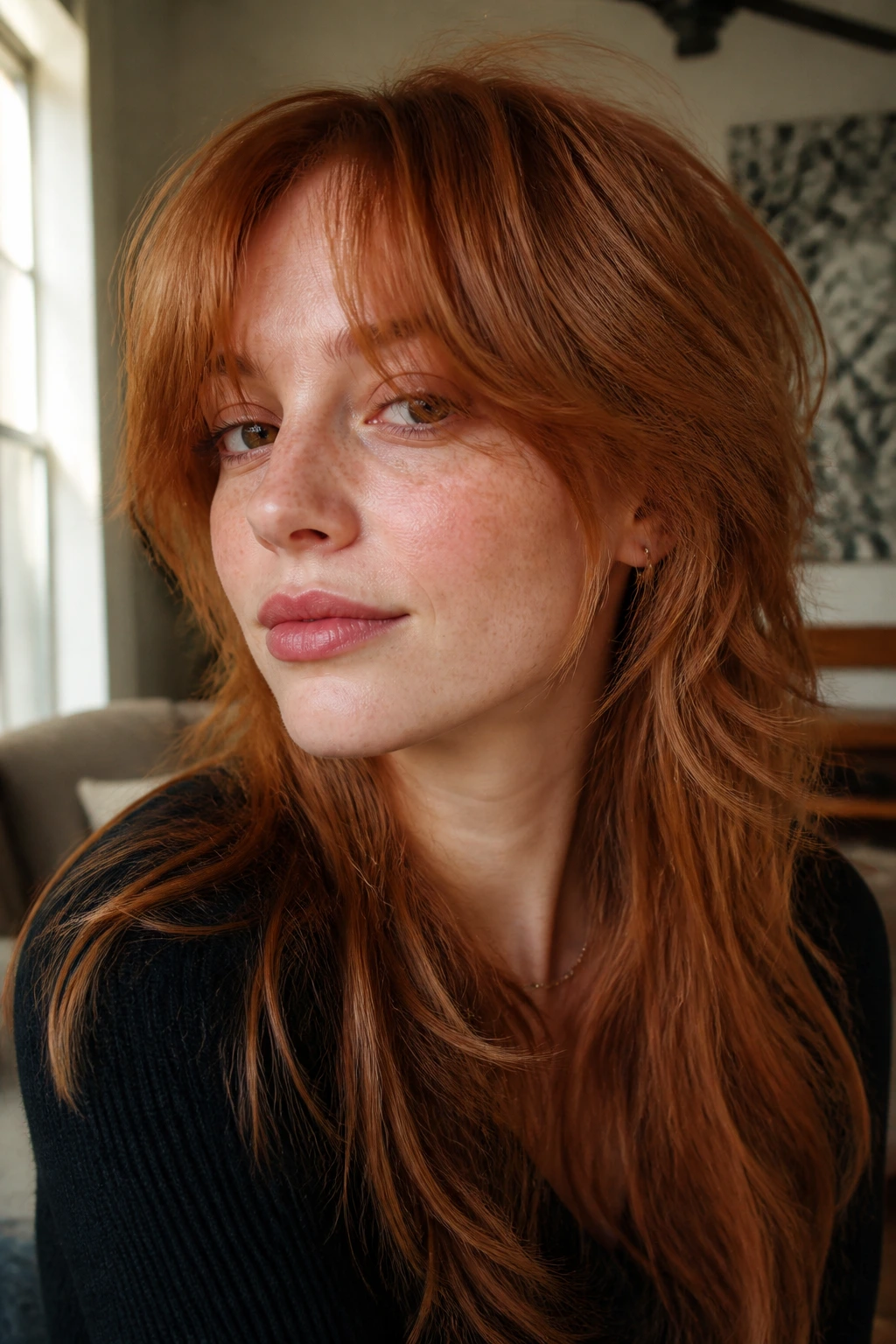 Close-up of a real person with a long auburn mullet and wispy curtain bangs.