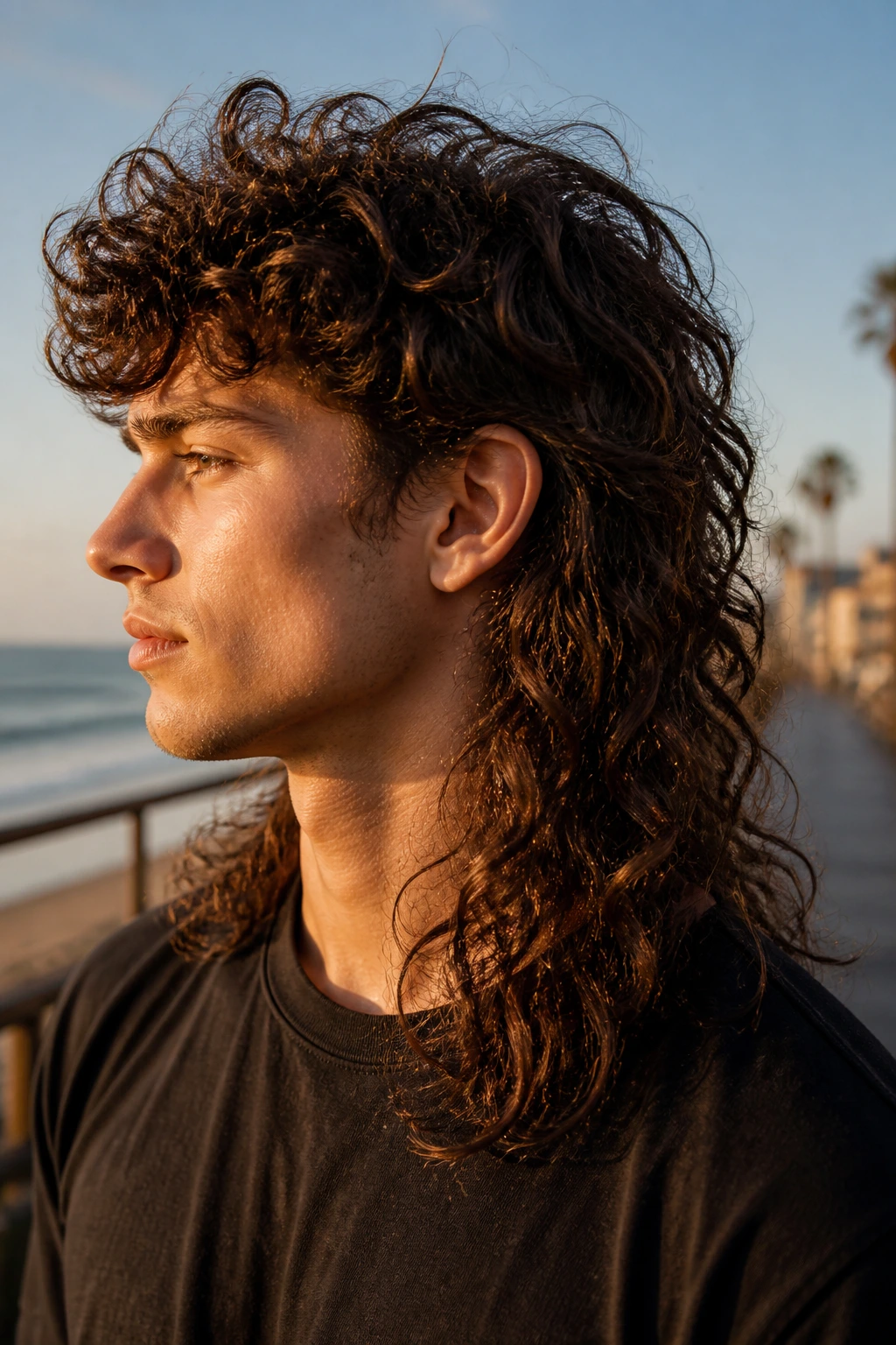 Head-and-shoulders portrait of a real person with a long-back curly mullet at golden hour.