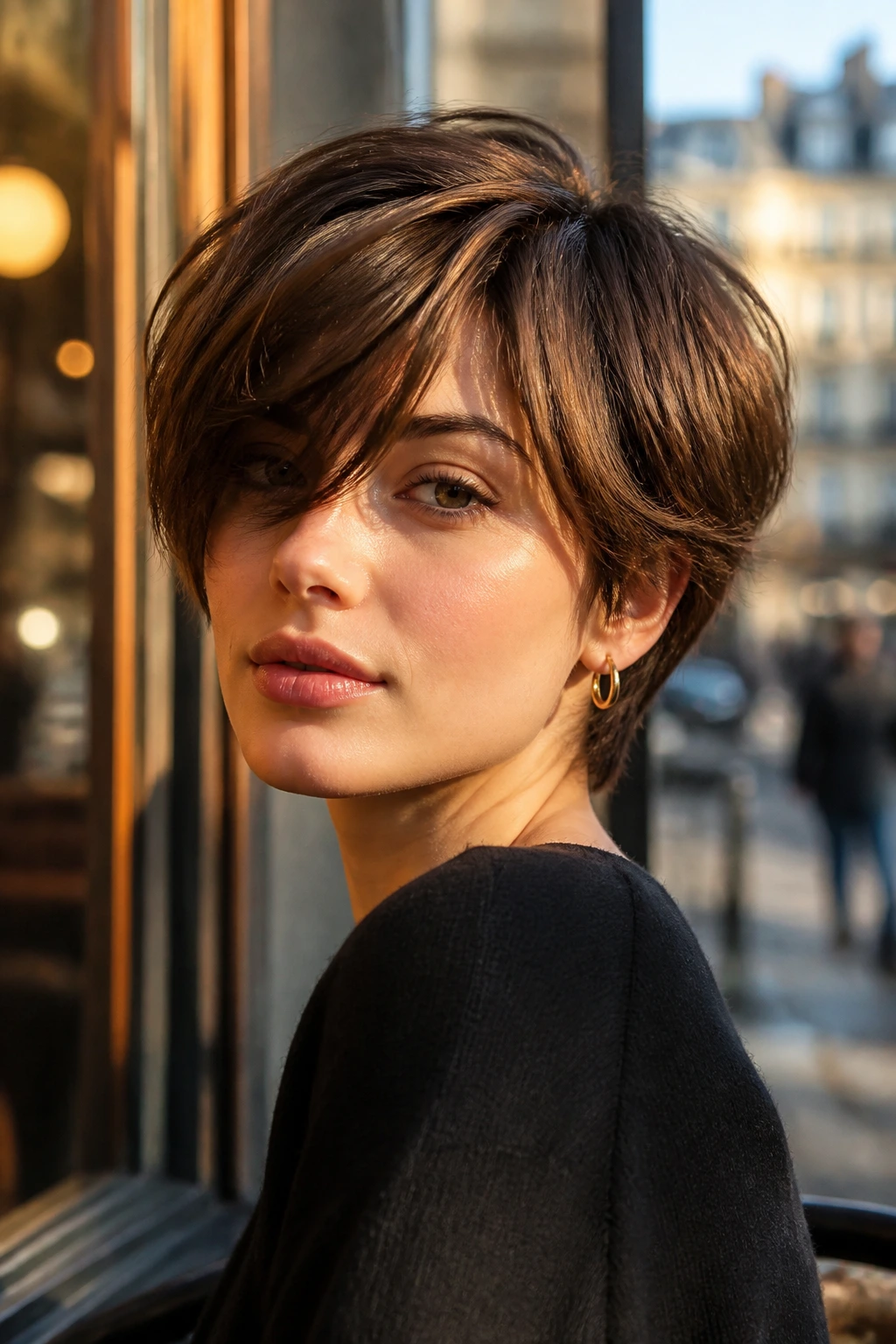 Close-up of long bang pixie bob on real person with sweeping bangs