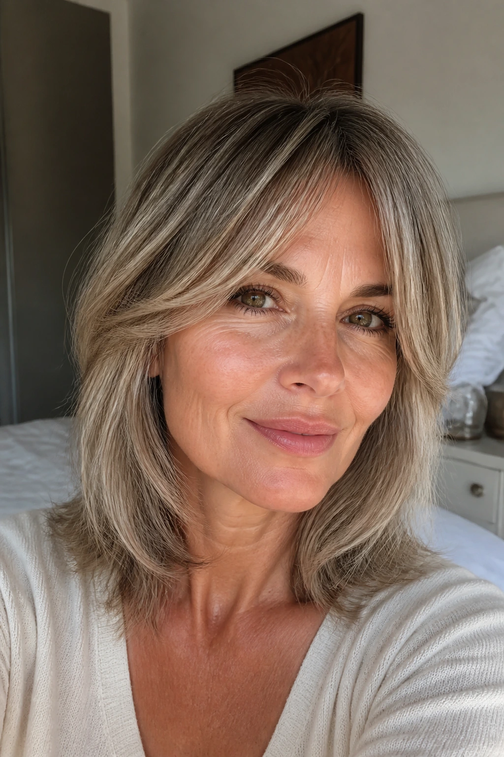 Portrait of a real woman with long bangs blending into the sides for face-framing.