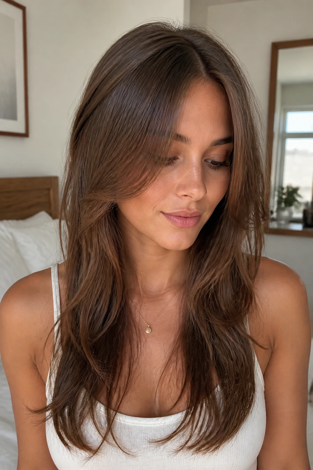 Portrait of a woman with long face-framing bangs blending into layers.